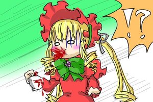 Rating: Safe Score: 0 Tags: 1girl blonde_hair blood blush bonnet bow cup dress drill_hair eating image long_hair long_sleeves nosebleed red_dress shinku simple_background solo spitting teacup User: admin