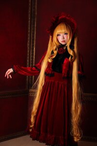 Rating: Safe Score: 0 Tags: 1girl blonde_hair blue_eyes bonnet dress flower full_body long_hair long_sleeves looking_at_viewer red_dress rose shinku solo standing very_long_hair User: admin