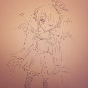 Rating: Safe Score: 0 Tags: 1girl dress hair_ornament image long_hair monochrome one_eye_closed ribbon shinku smile solo sparkle thighhighs traditional_media twintails User: admin
