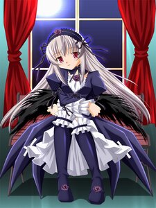 Rating: Safe Score: 0 Tags: 1girl black_wings blush curtains dress flower frills full_body hairband image long_hair long_sleeves looking_at_viewer red_eyes ribbon rose silver_hair sitting smile solo suigintou window wings User: admin
