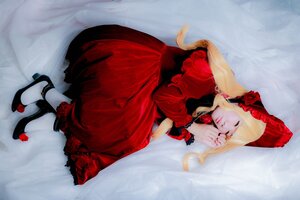 Rating: Safe Score: 0 Tags: 1girl blonde_hair bonnet closed_eyes dress flower long_hair lying on_side red_dress red_flower red_rose rose shinku shoes solo User: admin