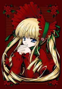 Rating: Safe Score: 0 Tags: 1girl blonde_hair blue_eyes bonnet bow drill_hair flower green_bow image long_hair long_sleeves looking_at_viewer own_hands_together red_background red_flower rose shinku simple_background solo twin_drills upper_body User: admin