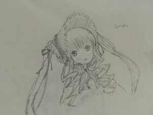Rating: Safe Score: 0 Tags: 1girl :d frills graphite_(medium) greyscale image looking_at_viewer monochrome open_mouth photo shinku simple_background sketch smile solo traditional_media User: admin