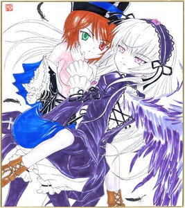 Rating: Safe Score: 0 Tags: 2girls bird black_feathers black_wings boots dress feathered_wings feathers frills green_eyes hairband hat heterochromia image long_hair long_sleeves looking_at_viewer multiple_girls pair rose short_hair siblings sisters souseiseki suigintou traditional_media white_feathers wings User: admin