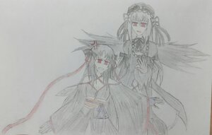 Rating: Safe Score: 0 Tags: 2girls dress hairband image japanese_clothes long_hair long_sleeves looking_at_viewer multiple_girls open_mouth red_eyes simple_background smile solo suigintou traditional_media wide_sleeves wings User: admin