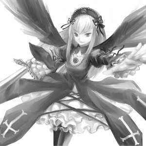 Rating: Safe Score: 0 Tags: 1girl dress flower frills greyscale hairband image long_hair long_sleeves looking_at_viewer monochrome solo striped suigintou vertical_stripes wings User: admin