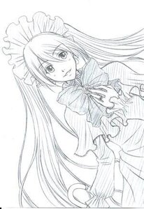 Rating: Safe Score: 0 Tags: 1girl bow capelet dress image long_hair monochrome ribbon shinku sketch smile solo twintails very_long_hair white_background User: admin