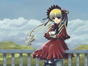 Rating: Safe Score: 0 Tags: 1girl blonde_hair blue_eyes blue_sky bonnet capelet cloud cup day dress frills holding holding_cup image long_hair long_sleeves looking_at_viewer outdoors railing red_dress saucer shinku sky solo standing teacup twintails User: admin