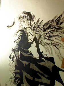 Rating: Safe Score: 0 Tags: 1girl dress feathers frills hairband image long_hair long_sleeves looking_at_viewer monochrome solo standing suigintou wings User: admin