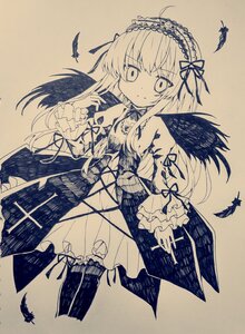 Rating: Safe Score: 0 Tags: 1girl bangs bird black_feathers closed_mouth crow dove dress eyebrows_visible_through_hair feathered_wings feathers frilled_sleeves frills hairband image long_hair long_sleeves looking_at_viewer monochrome ribbon seagull smile solo suigintou traditional_media wide_sleeves wings User: admin