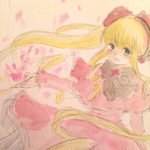 Rating: Safe Score: 0 Tags: 1girl blonde_hair blue_eyes blush bow dress flower frills image long_hair long_sleeves petals pink_bow pink_dress red_dress rose rose_petals shinku solo traditional_media twintails very_long_hair User: admin