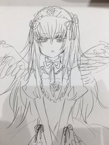 Rating: Safe Score: 0 Tags: 1girl auto_tagged closed_mouth dress eyebrows_visible_through_hair feathered_wings flower frills greyscale hairband image long_hair long_sleeves looking_at_viewer monochrome ribbon sketch solo suigintou traditional_media upper_body wings User: admin