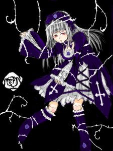 Rating: Safe Score: 0 Tags: 1girl boots dress flower frills image long_hair long_sleeves red_eyes rose silver_hair solo suigintou underwear wings User: admin