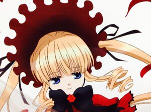 Rating: Safe Score: 0 Tags: 1girl blonde_hair blue_eyes bow drill_hair flower hat image long_hair looking_at_viewer red_flower red_rose ribbon rose rose_petals shinku simple_background smile solo twin_drills User: admin