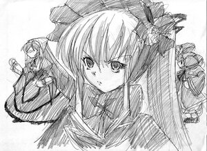 Rating: Safe Score: 0 Tags: 1girl dress greyscale image long_hair long_sleeves looking_at_viewer monochrome multiple_girls shinku simple_background sketch solo suigintou white_background wings User: admin