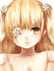 Rating: Safe Score: 0 Tags: 1girl blonde_hair collarbone flower hair_flower hair_ornament image kirakishou long_hair looking_at_viewer rose smile solo two_side_up white_flower white_rose yellow_rose User: admin