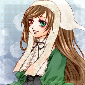 Rating: Safe Score: 0 Tags: 1girl argyle argyle_background bangs brown_hair checkered checkered_background checkered_floor dress frills green_dress green_eyes hat head_scarf heterochromia image long_hair long_sleeves looking_at_viewer plaid_background red_eyes ribbon smile solo suiseiseki upper_body User: admin