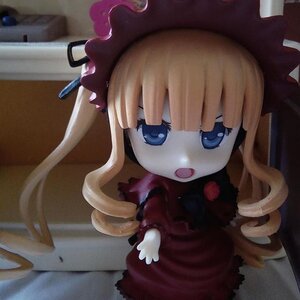 Rating: Safe Score: 0 Tags: 1girl :o blonde_hair blue_eyes bonnet doll dress drill_hair hat long_hair long_sleeves looking_at_viewer open_mouth red_dress shinku solo User: admin
