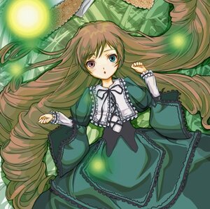 Rating: Safe Score: 0 Tags: 1girl :o bonnet brown_eyes brown_hair bug dress drill_hair firefly frills from_above green_background green_dress green_eyes green_theme headwear_removed heterochromia image long_hair long_sleeves looking_at_viewer lying neck_ribbon on_back ribbon rozen_maiden saiguchi_otoufu solo suiseiseki twin_drills very_long_hair User: admin