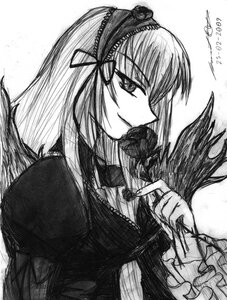 Rating: Safe Score: 0 Tags: 1girl dress flower frills greyscale hairband holding_flower image lolita_hairband long_hair long_sleeves looking_at_viewer monochrome rose simple_background smile solo suigintou upper_body wings User: admin