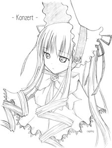 Rating: Safe Score: 0 Tags: 1girl blush bonnet bow bowtie dress greyscale image long_hair long_sleeves looking_at_viewer monochrome ribbon rozen_maiden shinku sidelocks simple_background sketch solo takami_ryou twintails upper_body very_long_hair white_background User: admin