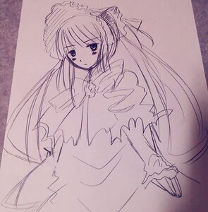 Rating: Safe Score: 0 Tags: 1girl bonnet dress frills image long_hair long_sleeves looking_at_viewer monochrome shinku simple_background solo very_long_hair User: admin