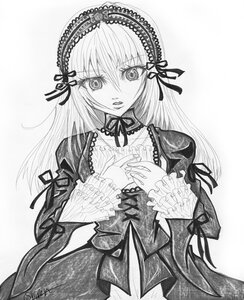 Rating: Safe Score: 0 Tags: 1girl dress frills greyscale hairband image long_hair long_sleeves looking_at_viewer monochrome ribbon simple_background solo suigintou traditional_media User: admin