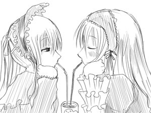 Rating: Safe Score: 0 Tags: 2girls artist_request auto_tagged blush closed_eyes drinking drinking_straw eye_contact frills greyscale hairband head_rest image lolita_hairband long_hair long_sleeves looking_at_another monochrome multiple_girls pair profile ribbon rozen_maiden shared_drink shinku siblings simple_background sisters suigintou very_long_hair white_background yuri User: admin