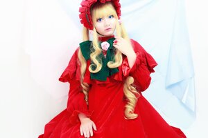 Rating: Safe Score: 0 Tags: 1girl bangs blonde_hair blue_eyes bonnet bow dress drill_hair flower long_hair long_sleeves looking_at_viewer red_dress rose shinku sidelocks solo User: admin