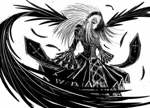 Rating: Safe Score: 0 Tags: 1girl black_wings dress feathers greyscale hairband image long_hair long_sleeves looking_at_viewer monochrome solo suigintou white_background wings User: admin