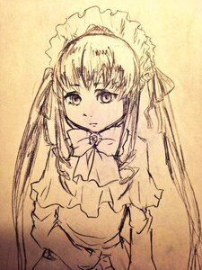 Rating: Safe Score: 0 Tags: 1girl closed_mouth dress frills image long_hair long_sleeves looking_at_viewer monochrome ribbon shinku simple_background sketch solo traditional_media upper_body User: admin