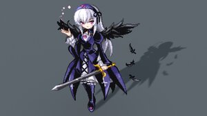 Rating: Safe Score: 0 Tags: 1girl boots dress feathers flower frills gradient gradient_background hairband holding holding_weapon image long_hair looking_at_viewer pink_eyes rose silver_hair solo suigintou sword thighhighs weapon wings User: admin
