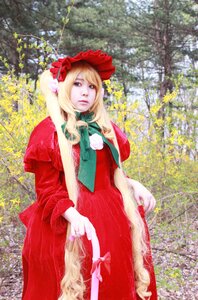 Rating: Safe Score: 0 Tags: 1girl blonde_hair blue_eyes bonnet dress flower lips long_hair realistic red_dress shinku solo User: admin