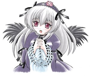 Rating: Safe Score: 0 Tags: 1girl black_wings blush dress flower frilled_sleeves frills hairband image long_hair long_sleeves looking_at_viewer open_mouth pink_eyes silver_hair simple_background solo suigintou upper_body white_background wings User: admin