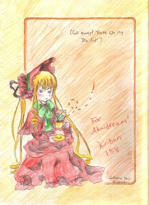 Rating: Safe Score: 0 Tags: 1girl blonde_hair blue_eyes blush bonnet bow bowtie cup dress english_text flower image long_hair long_sleeves red_dress saucer shinku sitting solo tea teacup traditional_media very_long_hair yellow_background User: admin