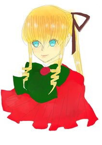 Rating: Safe Score: 0 Tags: 1girl bangs blonde_hair blue_eyes bowtie drill_hair flower hair_ribbon image long_hair long_sleeves looking_at_viewer ribbon rose shinku sidelocks simple_background solo white_background User: admin