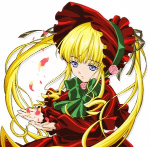 Rating: Safe Score: 0 Tags: 1girl blonde_hair blue_eyes bonnet bow bowtie dress flower green_bow image long_hair long_sleeves looking_at_viewer petals pink_flower pink_rose red_dress rose rose_petals shinku simple_background solo twintails upper_body very_long_hair white_background User: admin