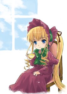 Rating: Safe Score: 0 Tags: 1girl blonde_hair blue_eyes bonnet bow bowtie cup dress flower green_bow holding_cup image long_hair long_sleeves looking_at_viewer red_dress saucer shinku sidelocks sitting solo teacup twintails very_long_hair User: admin
