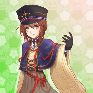 Rating: Safe Score: 0 Tags: 1girl argyle_background black_gloves black_headwear brown_hair cape capelet dress gloves green_eyes hat heterochromia hexagon honeycomb_(pattern) honeycomb_background image long_sleeves looking_at_viewer red_eyes short_hair solo souseiseki taisho User: admin
