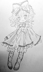 Rating: Safe Score: 0 Tags: 1girl blush bow dress drill_hair full_body greyscale hinaichigo image long_sleeves looking_at_viewer monochrome open_mouth sketch sleeves_past_wrists smile solo standing traditional_media User: admin