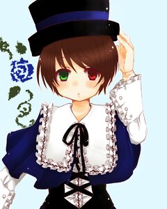 Rating: Safe Score: 0 Tags: bangs blue_dress blush brown_hair dress frills green_eyes hat heterochromia image long_sleeves looking_at_viewer red_eyes ribbon solo souseiseki top_hat upper_body User: admin