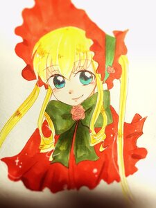 Rating: Safe Score: 0 Tags: 1girl bangs blonde_hair blue_eyes bonnet bow bowtie capelet dress flower green_bow green_neckwear image long_hair long_sleeves looking_at_viewer pink_flower pink_rose red_capelet red_dress rose shinku sidelocks simple_background smile solo twintails upper_body User: admin
