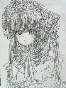 Rating: Safe Score: 0 Tags: 1girl bangs eyebrows_visible_through_hair hair_ribbon image long_hair looking_at_viewer monochrome parted_lips ribbon shinku sketch solo traditional_media upper_body User: admin