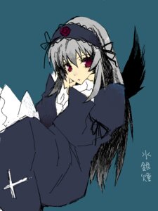 Rating: Safe Score: 0 Tags: 1girl bangs black_wings blue_background dress flower hairband image long_hair long_sleeves looking_at_viewer pink_eyes red_eyes rose silver_hair simple_background solo suigintou wings User: admin