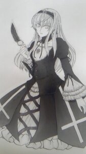 Rating: Safe Score: 0 Tags: 1girl bird cross dress feathers frilled_sleeves frills hairband image long_hair long_sleeves monochrome puffy_sleeves simple_background solo standing suigintou very_long_hair User: admin
