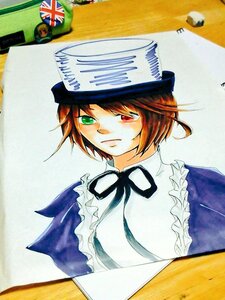 Rating: Safe Score: 0 Tags: brown_hair dress frills green_eyes hat heterochromia image photo red_eyes ribbon short_hair solo souseiseki traditional_media User: admin