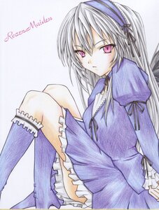 Rating: Safe Score: 0 Tags: 1girl dress frilled_sleeves frills hairband image juliet_sleeves kneehighs knees_up lolita_hairband long_hair long_sleeves looking_at_viewer marker_(medium) pink_eyes puffy_sleeves silver_hair sitting solo suigintou traditional_media User: admin