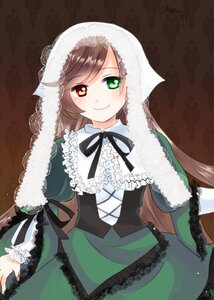 Rating: Safe Score: 0 Tags: 1girl black_ribbon blush brown_hair dress frills green_dress green_eyes heterochromia image lolita_fashion long_hair long_sleeves looking_at_viewer neck_ribbon red_eyes ribbon simple_background smile solo suiseiseki User: admin