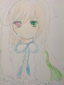 Rating: Safe Score: 0 Tags: 1girl colored_pencil_(medium) frills green_eyes hairband image looking_at_viewer photo red_eyes simple_background solo suiseiseki traditional_media upper_body watercolor_(medium) User: admin