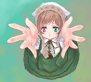 Rating: Safe Score: 0 Tags: 1girl black_ribbon brown_hair dress foreshortening from_above green_background green_dress hands head_scarf heterochromia image long_hair long_sleeves looking_at_viewer outstretched_arm outstretched_hand reaching reaching_out red_eyes ribbon simple_background solo suiseiseki User: admin